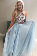 Load image into Gallery viewer, Long A-line Light Sky Blue Tulle Flowy Halter Long Prom Dresses Cheap Evening Dress RS404