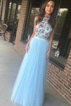 Load image into Gallery viewer, Long A-line Light Sky Blue Tulle Flowy Halter Long Prom Dresses Cheap Evening Dress RS404