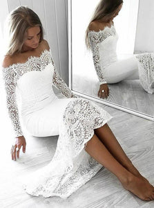 Long Sleeve Lace Appliques Sheath White Prom Dresses Off the Shoulder Wedding Dress P1129