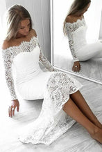 Load image into Gallery viewer, Long Sleeve Lace Appliques Sheath White Prom Dresses Off the Shoulder Wedding Dress P1129