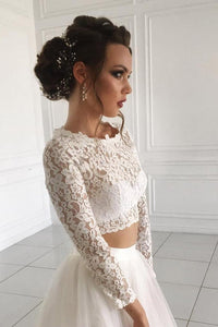 Long Sleeve Lace Round Neck Ivory Boho Wedding Dresses with Tulle Beach Bridal Dresses W1025