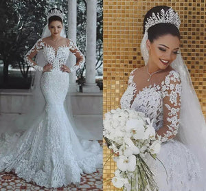 Long Sleeve Lace Wedding Dress Mermaid Beads Lace Appliques Wedding Gowns RS476