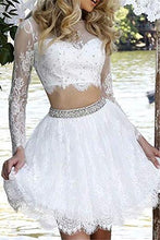 Load image into Gallery viewer, Long Sleeve Lace White Two Pieces Beads Homecoming Dresses Scoop Short Prom Dresses H1174