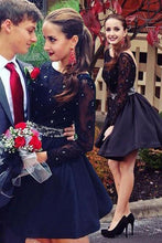 Load image into Gallery viewer, Long Sleeve Navy Blue Bateau Homecoming Dresses Open Back Short Cocktail Dresses H1209