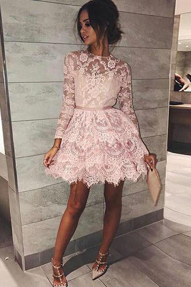 Long Sleeve Pink Above Knee Lace High Neck Homecoming Dress Short Prom Dresses RS764
