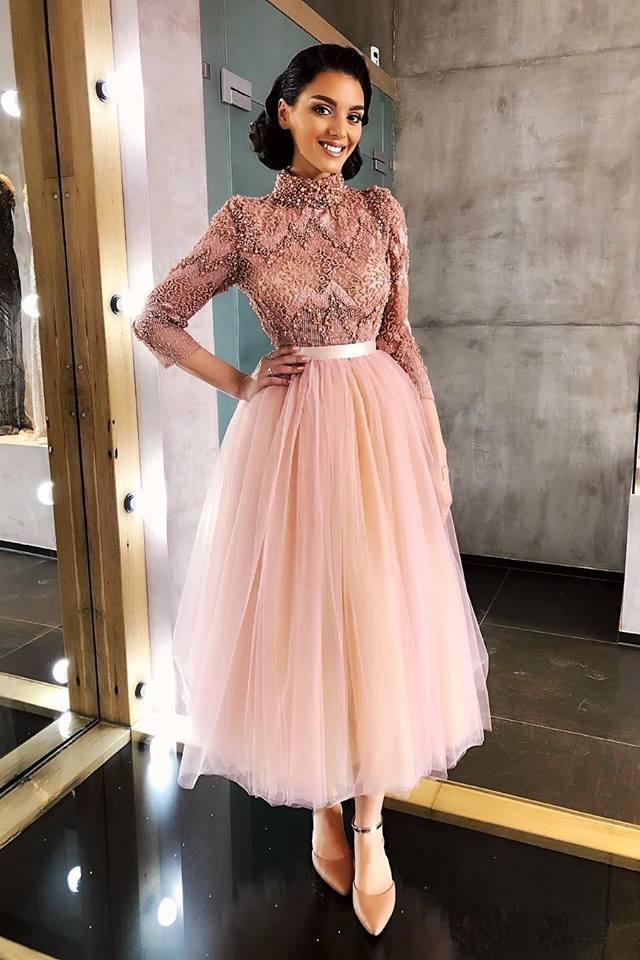Long Sleeve Pink High Neck Ankle Length Homecoming Dresses Beads Tulle Short Dress H1102