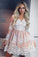 Long Sleeve See Through V Neck Lace Homecoming Dresses Vintage Short Prom Dresses H1247