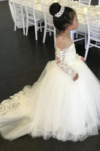 Long Sleeve Tulle Ivory Scoop Flower Girl Dresses with Lace Bowknot Baby Dresses RS879