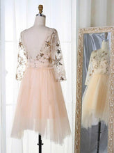 Load image into Gallery viewer, Long Sleeve Tulle Pink Homecoming Dresses with Lace V Neck Short Cocktail Dresses H1192