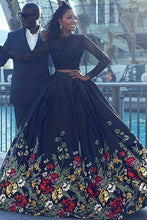 Load image into Gallery viewer, Long Sleeve Two Piece Black Floral Prom Dress with Beading Lace Evening Dresses RS757
