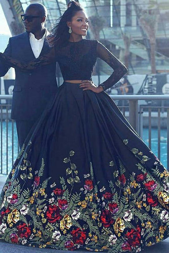 Long Sleeve Two Piece Black Floral Prom Dress with Beading Lace Evening Dresses RS757