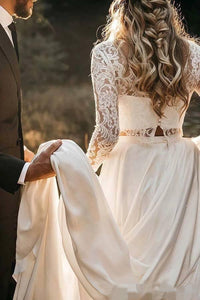 Long Sleeve Two Pieces Lace Round Neck Beach Wedding Dresses Chiffon Boho Bridal Gowns W1100