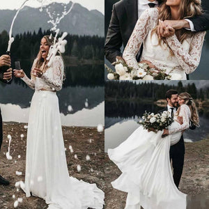 Long Sleeve Two Pieces Lace Round Neck Beach Wedding Dresses Chiffon Boho Bridal Gowns W1100