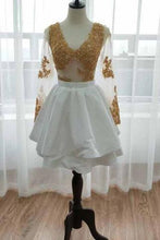 Load image into Gallery viewer, Long Sleeve V Neck White Homecoming Dresses Gold Sequins V Neck Short Prom Dress H1072