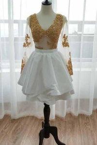 Long Sleeve V Neck White Homecoming Dresses Gold Sequins V Neck Short Prom Dress H1072