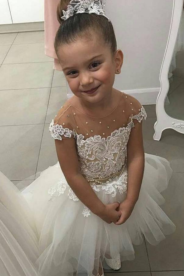 Lovely Flower Girl Dresses Cap Sleeve Pearls Appliques High Low Wedding Party Dress RS882