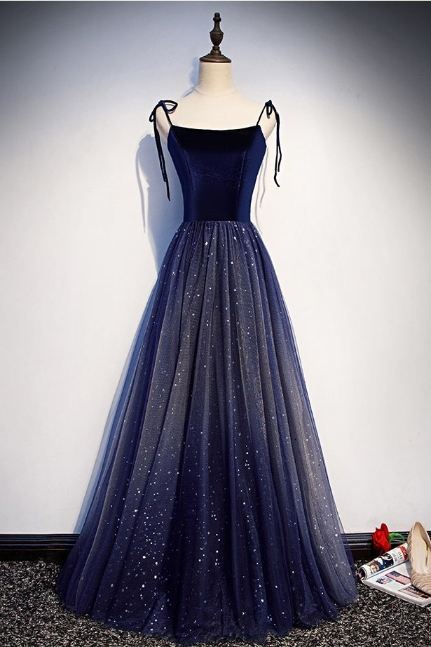 Spaghetti Straps Glitter Long A-line Lace Up Prom Dresses