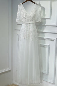 Pretty Half Sleeves A-line Ivory Lace beading Long Prom Dresses For Teens