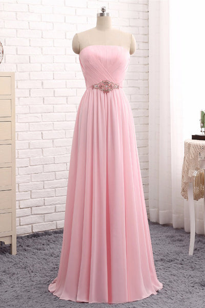Elegant Strapless A-line Pink Chiffon Long Prom Dresses Girly Dresses