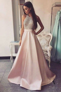Girly Pink Satin Long Halter Backless Beading Long Prom Dresses Cute Dresses
