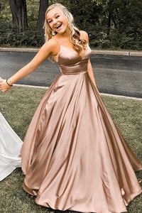 Pretty Spaghetti Straps Long A-line Prom Dresses V-neck Simple Prom Gowns