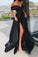 Formal Off The Shoulder Black Satin Side Split Simple Long Prom Dresses Party Dresses