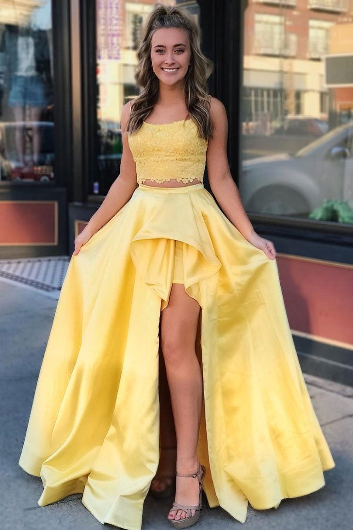 Pretty Two Pieces Lace Satin Long Prom Dresses For Teens Yellow Party Dresses