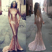 Load image into Gallery viewer, Long sleeve mermaid Rose Gold sequin prom dresses Backless prom dress sexy prom dresses RS106