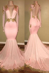 Mermaid Appliques Deep V Neck Long Sleeve Prom Dresses Long Cheap Evening Dress RS761