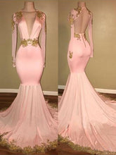 Load image into Gallery viewer, Mermaid Appliques Deep V Neck Long Sleeve Prom Dresses Long Cheap Evening Dress RS761