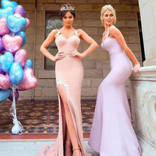Load image into Gallery viewer, Mermaid Appliques Spaghetti Straps High Split Long Sweetheart Bridesmaid Dresses RS345