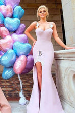 Load image into Gallery viewer, Mermaid Appliques Spaghetti Straps High Split Long Sweetheart Bridesmaid Dresses RS345