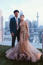 Load image into Gallery viewer, Mermaid Brown Sweetheart Beads Crystals Tulle Backless Prom Dresses, Formal Dresses PW373