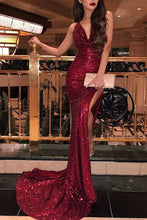 Load image into Gallery viewer, Mermaid Burgundy Side Slit V Neck Spaghetti Straps Prom Dresses Formal Dresses RS832