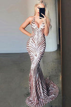 Load image into Gallery viewer, Mermaid Criss Cross Deep V Neck Gold Prom Dresses Sequins Long Prom Dresses RS534