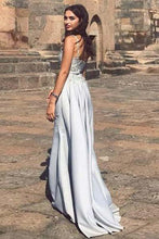 Load image into Gallery viewer, Mermaid Gray Spaghetti Straps Sweetheart Satin Detachable Prom Dresses with Appliques RS368