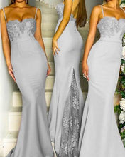 Load image into Gallery viewer, Mermaid Grey Spaghetti Straps Sweetheart Lace Satin Bridesmaid Dresses RS419