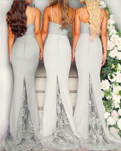 Mermaid Grey Spaghetti Straps Sweetheart Lace Satin Bridesmaid Dresses RS419