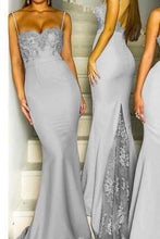 Load image into Gallery viewer, Mermaid Grey Spaghetti Straps Sweetheart Lace Satin Bridesmaid Dresses JS419