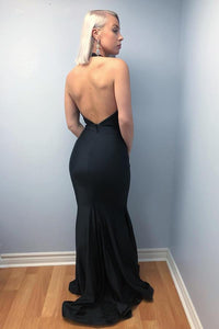 Mermaid Halter Backless Sweep Train Black Prom Dresses with Deep V Neck RS630