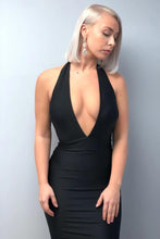 Load image into Gallery viewer, Mermaid Halter Backless Sweep Train Black Prom Dresses with Deep V Neck RS630