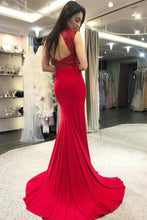 Load image into Gallery viewer, Mermaid High Neck Open Back Red Prom Dresses with Beads Long Evening Dresses P1008