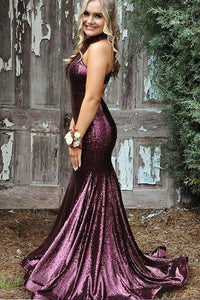 Mermaid High Neck Purple Sequin Evening Dresses Cheap Sleeveless Prom Dresses RS514