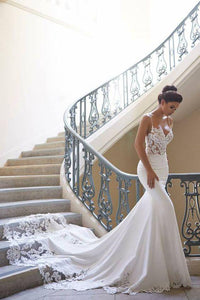 Mermaid Ivory Spaghetti Straps V Neck Wedding Dresses Lace Satin Bridal Dresses RS661