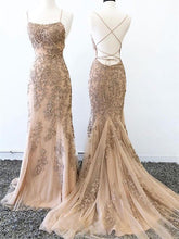 Load image into Gallery viewer, Mermaid Lace Appliques Spaghetti Straps Criss Cross Prom Dresses Long Evening Dress P1009