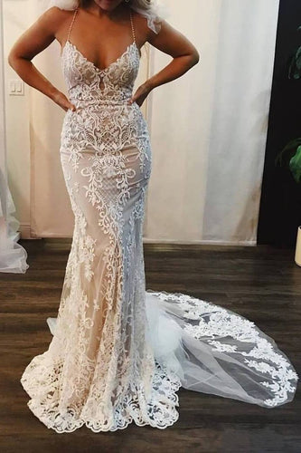 Mermaid Lace Appliques Spaghetti Straps V Neck Ivory Wedding Dresses,Bridal Dresses PW923