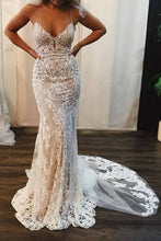 Load image into Gallery viewer, Mermaid Lace Appliques Spaghetti Straps V Neck Ivory Wedding Dresses Bridal Dresses RS923