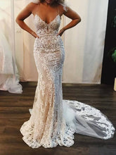 Load image into Gallery viewer, Mermaid Lace Appliques Spaghetti Straps V Neck Ivory Wedding Dresses Bridal Dresses RS923