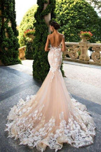 Mermaid Light Pink Backless Lace Appliques Wedding Dresses Short Sleeve Bridal Dress RS510
