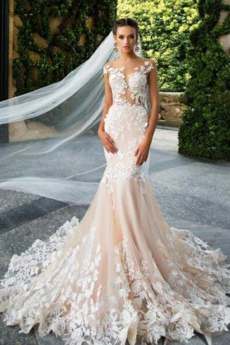 Mermaid Light Pink Backless Lace Appliques Wedding Dresses Short Sleeve Bridal Dress RS510